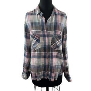 BELLA DAHL Linen Blend Pink Gray Button-Down Plaid Top Shirt Raw Hem Size S